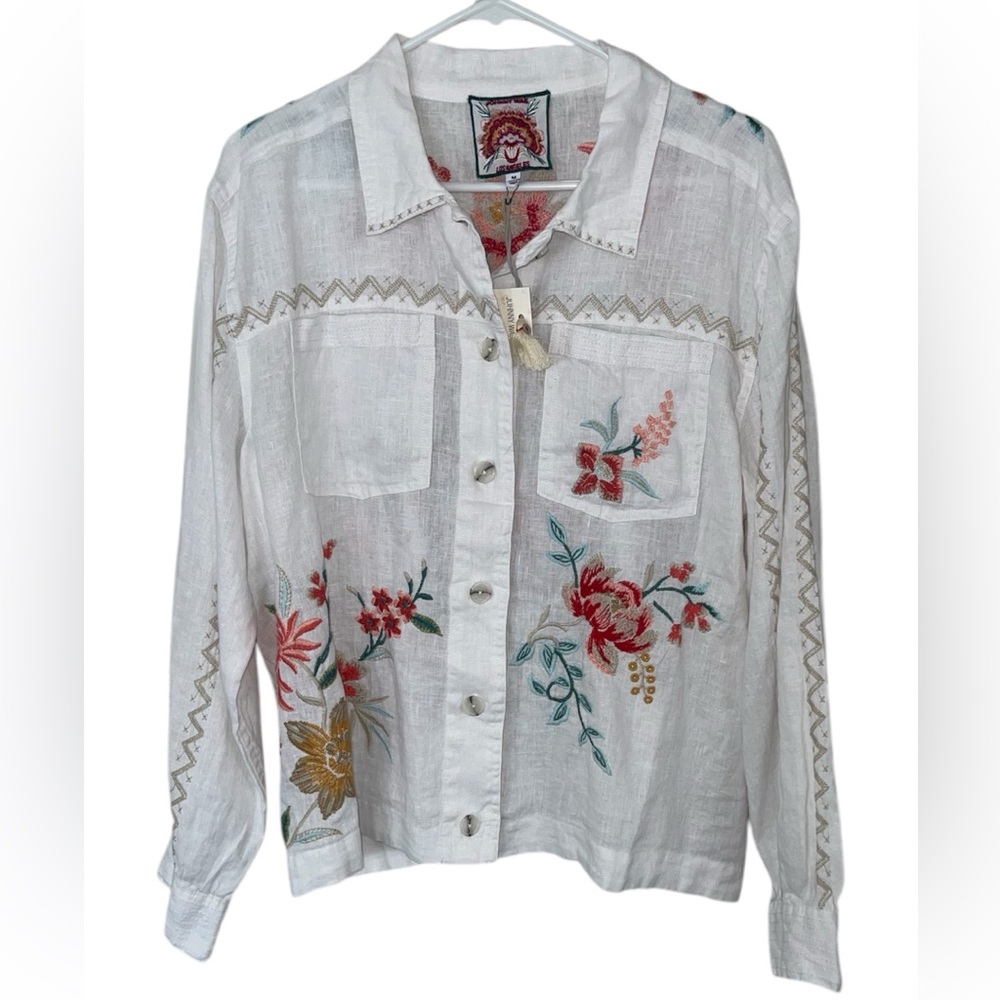 Johnny Was relaxed linen jacket Andrean Medium NWT Embroidered Flowers And Tiger